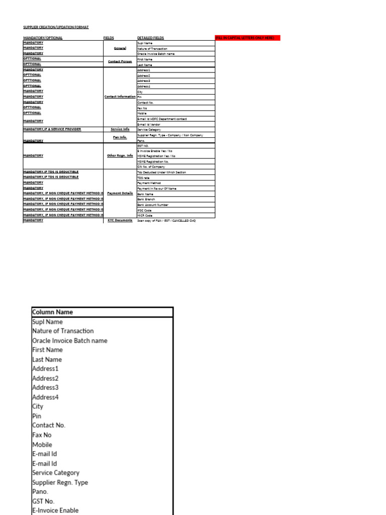 Supplier Creation and Update Format Guide | PDF | Cheque | Invoice