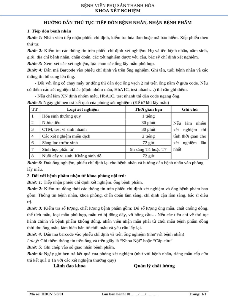 HDCV 5.8.01 Hướng Dẫn Tiếp Nhận Mẫu Bệnh Phẩm | PDF