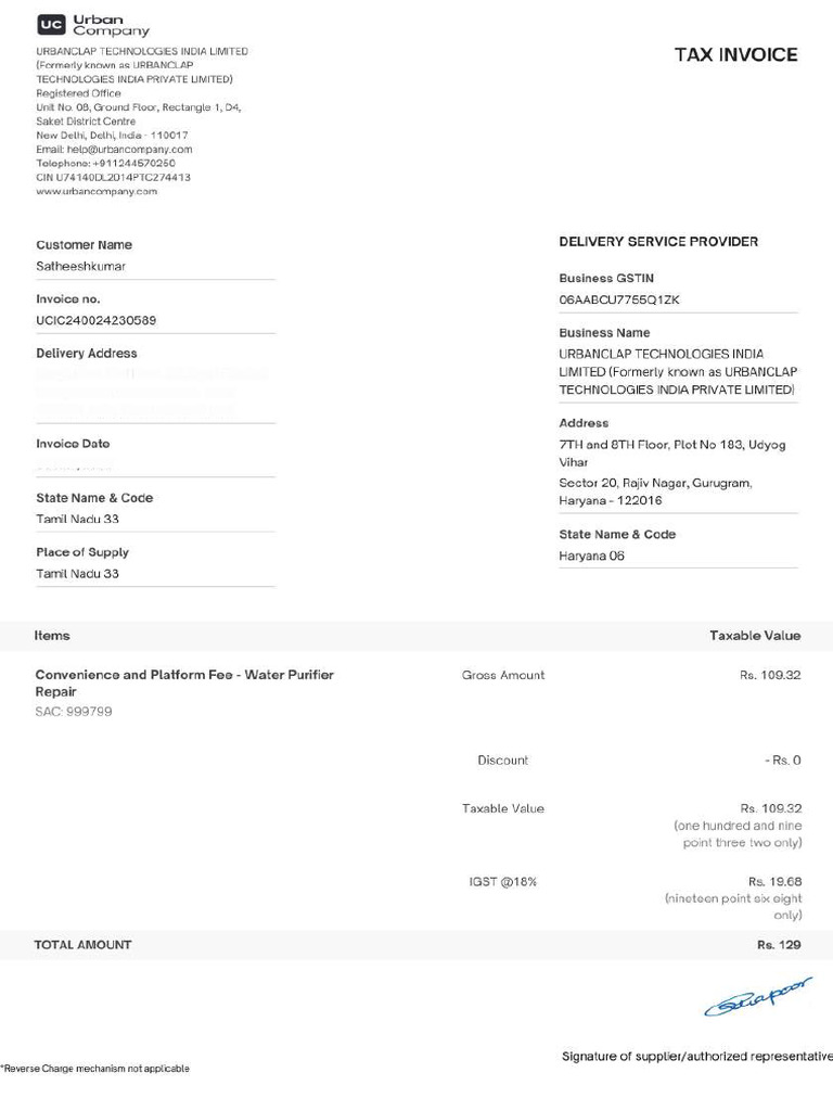 Urban Company Tax Invoice Details | PDF | Receipt | Invoice