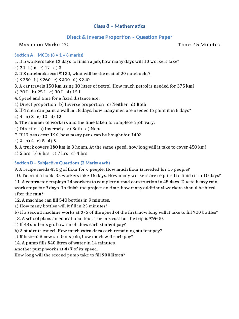 Class8 Direct Inverse Proportion | PDF | Chess Openings | Chess Theory