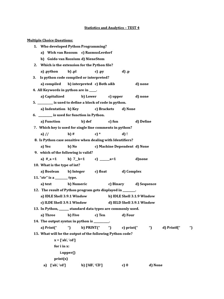 Python Programming Quiz Questions | PDF | Python (Programming Language ...