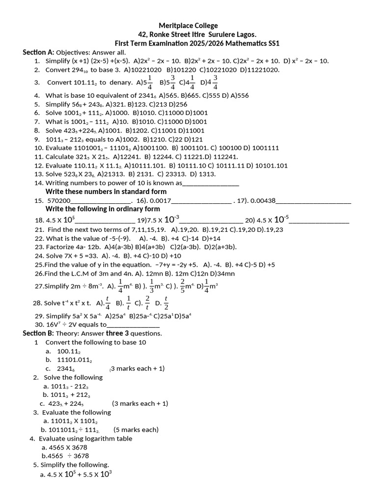 SS1 Mathematics Exam 2025/2026 | PDF | Mathematics | Chess