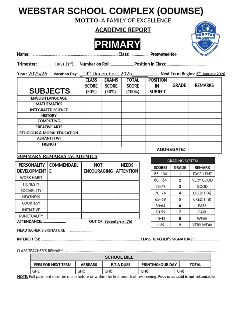 Webstar School Complex Academic Report | PDF