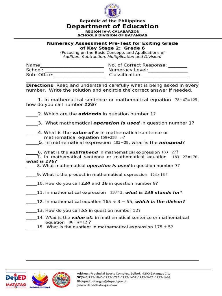 Grade 6 Numeracy Assessment Pre-Test | PDF | Subtraction | Arithmetic