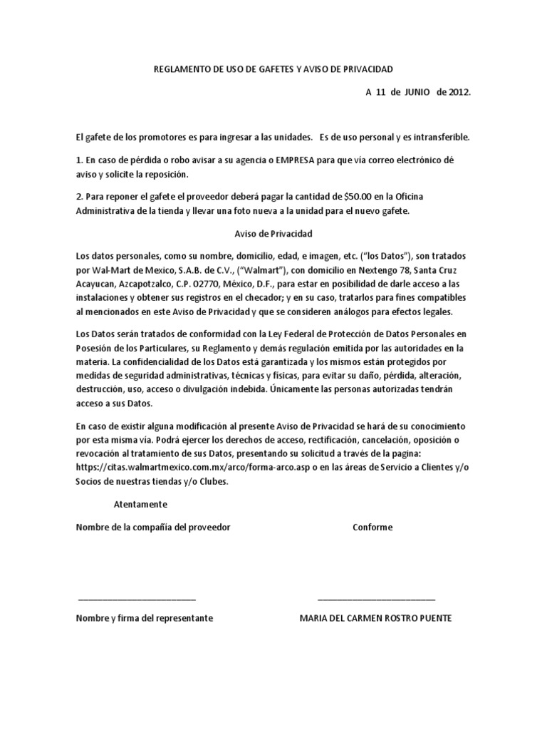 Reglamento de Uso de Gafetes y Aviso de Privacidad
