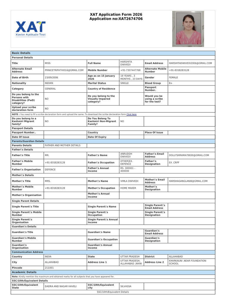 Application Form XAT2674706 | PDF | Identity Document | Master Of ...