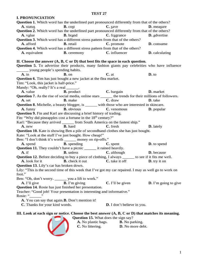 Pronunciation and Vocabulary Test 27 | PDF