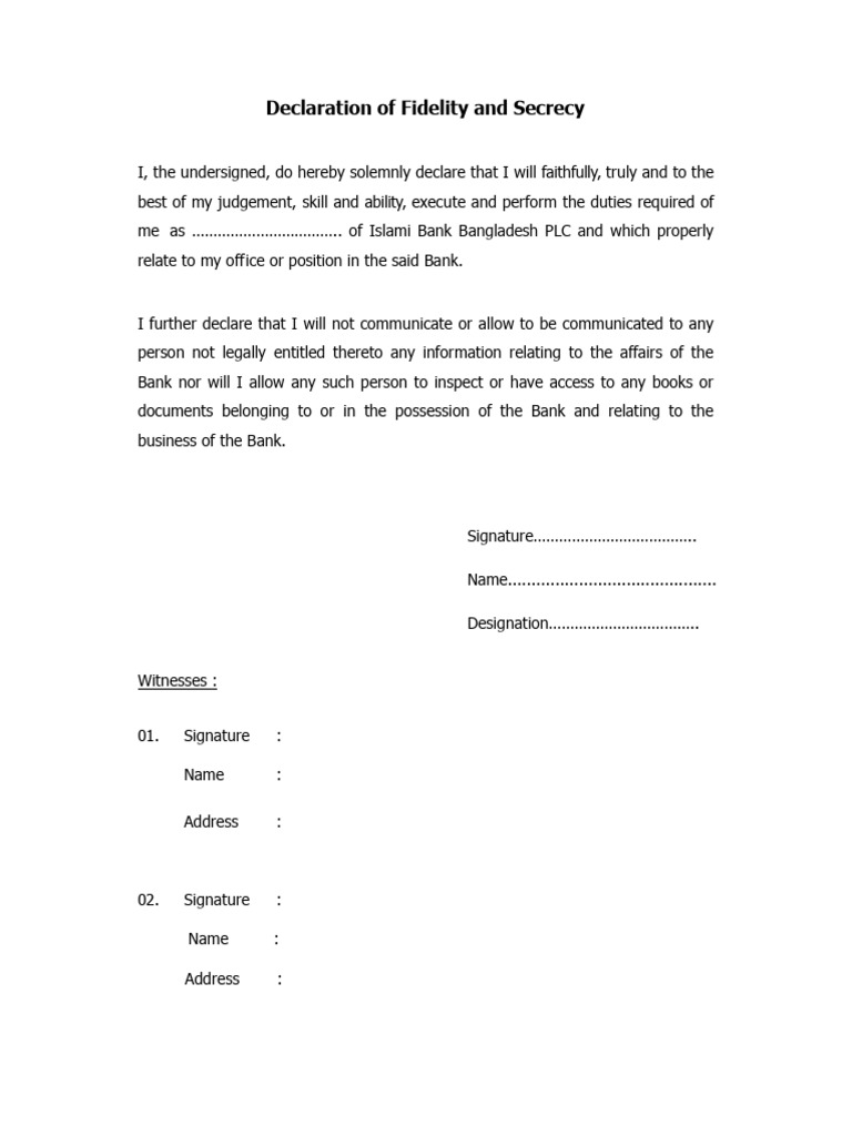 Declaration of Fidelity and Secrecy Form | PDF
