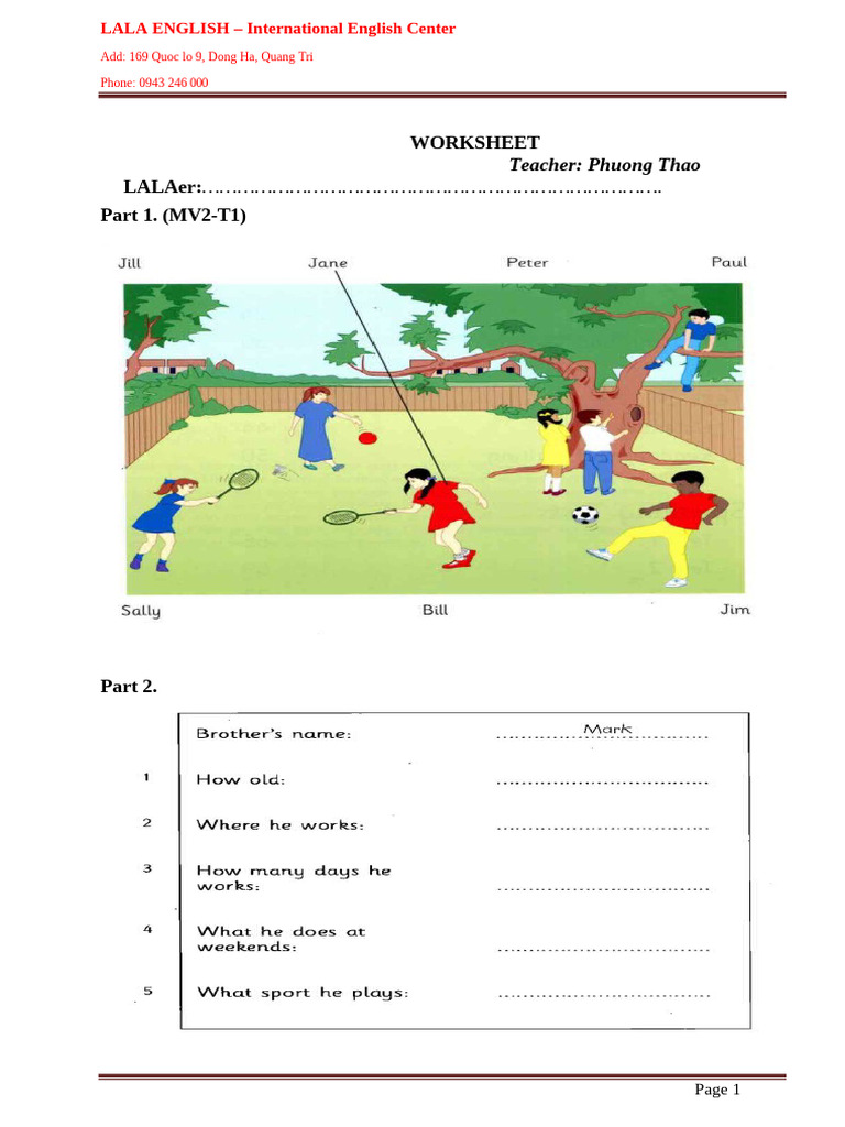 LALA English Center Worksheet Guide | PDF