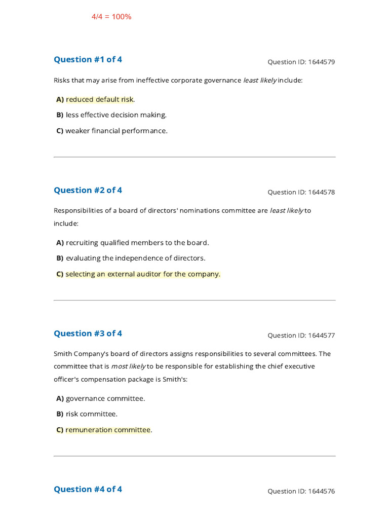 Corporate Governance Quiz Questions | PDF