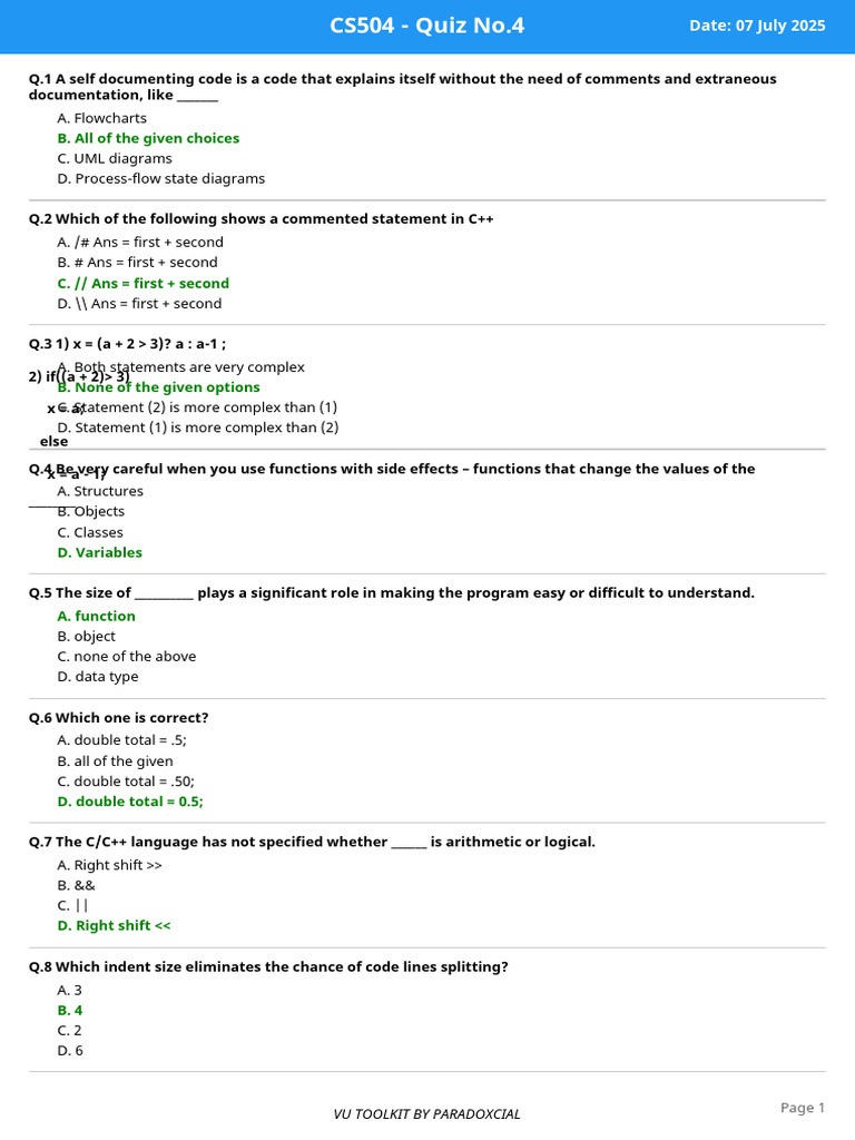 CS504 Quiz No.4: C++ Concepts and Code | PDF