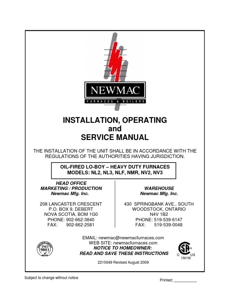 Newmac NL2 Manual | PDF | Furnace | Chimney