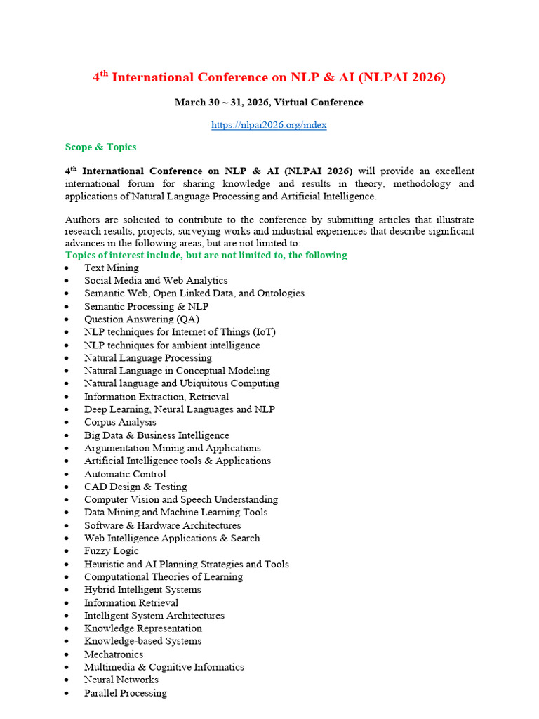 NLPAI 2026: Call for Papers on NLP & AI | PDF | Artificial Intelligence ...