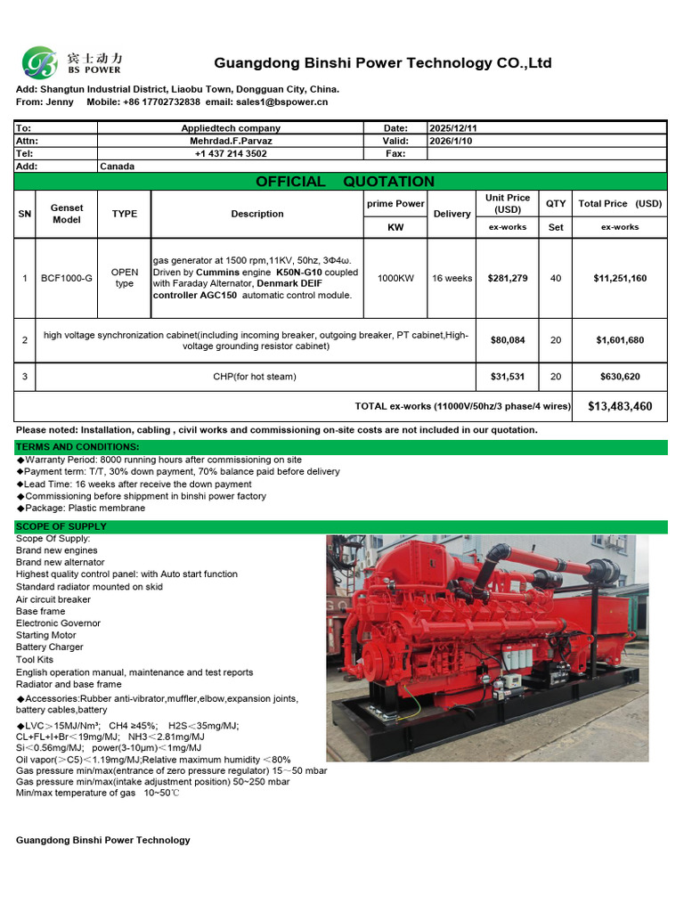 Official Genset Quotation from Binshi Power | PDF | Electric Generator ...