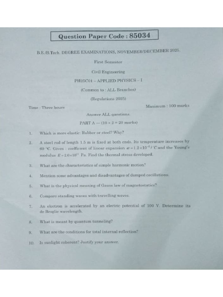 PH25C01 Applied Physics 1 Nov Dec 2025 Question Paper | PDF