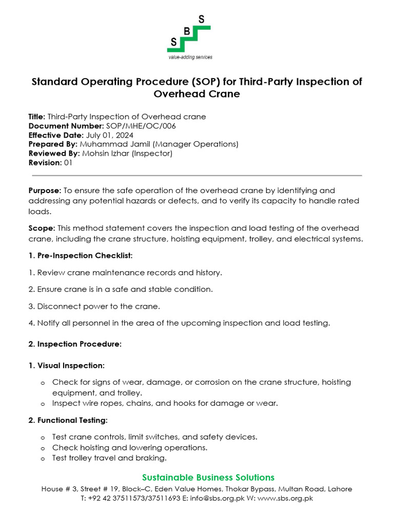 Overhead Crane Inspection SOP Guide | PDF | Crane (Machine ...
