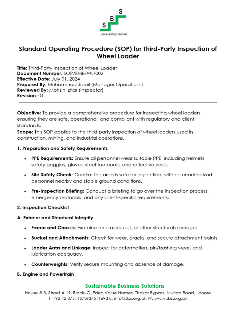 Wheel Loader Third-Party Inspection SOP | PDF | Brake | Landing Gear