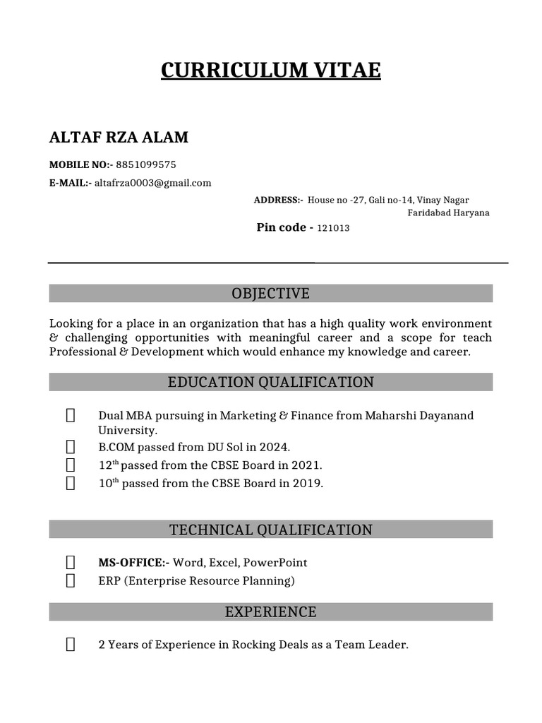 Altaf Rza Alam (Resume) | PDF