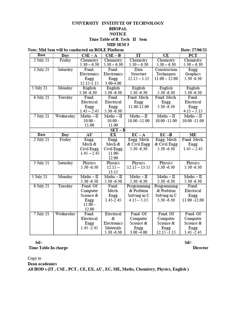 Time Table of Btech II Sem III Mid Sem | PDF | Physical Sciences ...