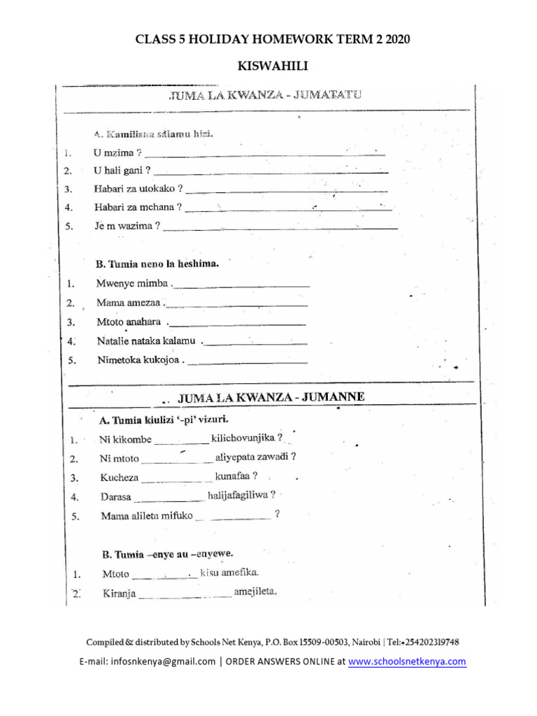 Kiswahili Holiday Homework Class 5 Term 2 2020 PDF | PDF
