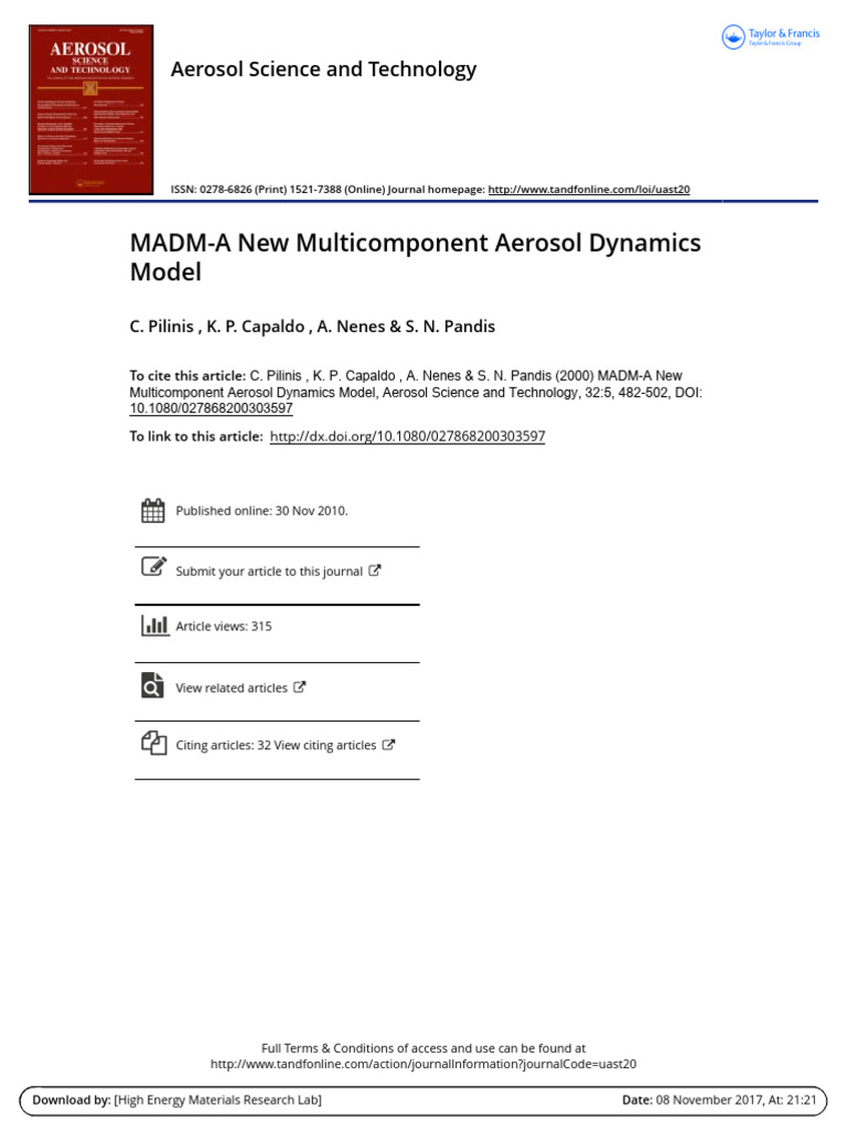 MADM a New Multicomponent Aerosol Dynamics Model (1) | PDF | Aerosol ...