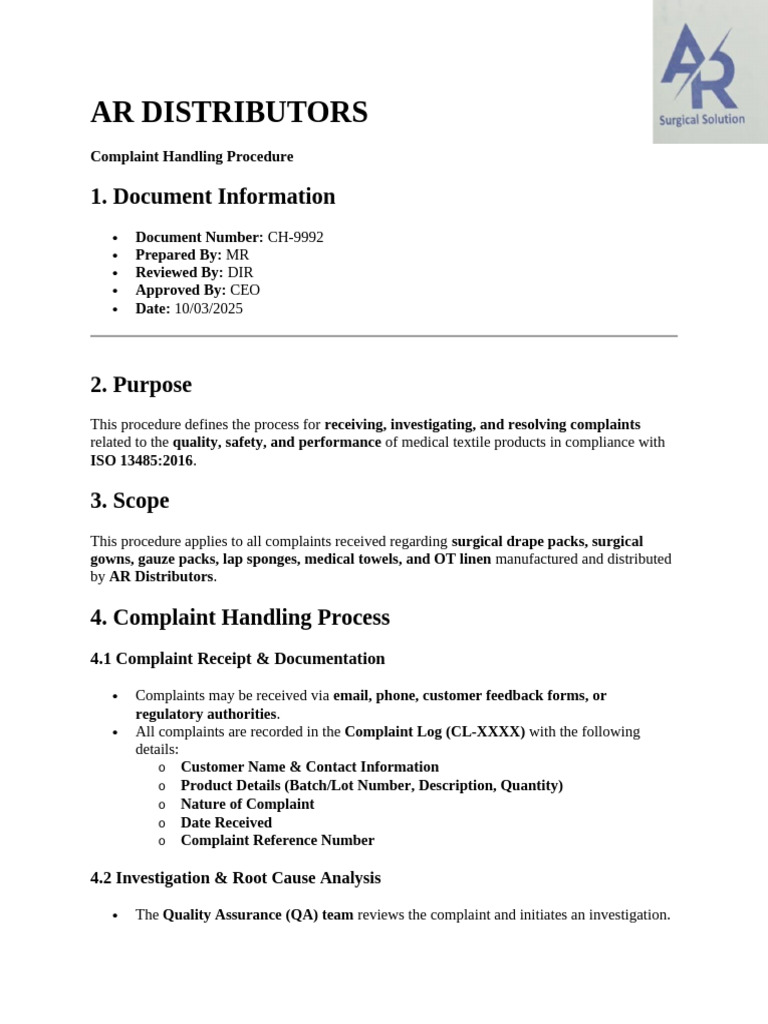 AR Distributors Complaint Procedure | PDF | Quality Assurance