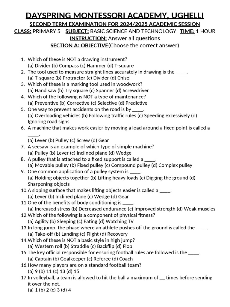 Primary 5 Basic Science Exam 2024/2025 | PDF | Tools | Machines
