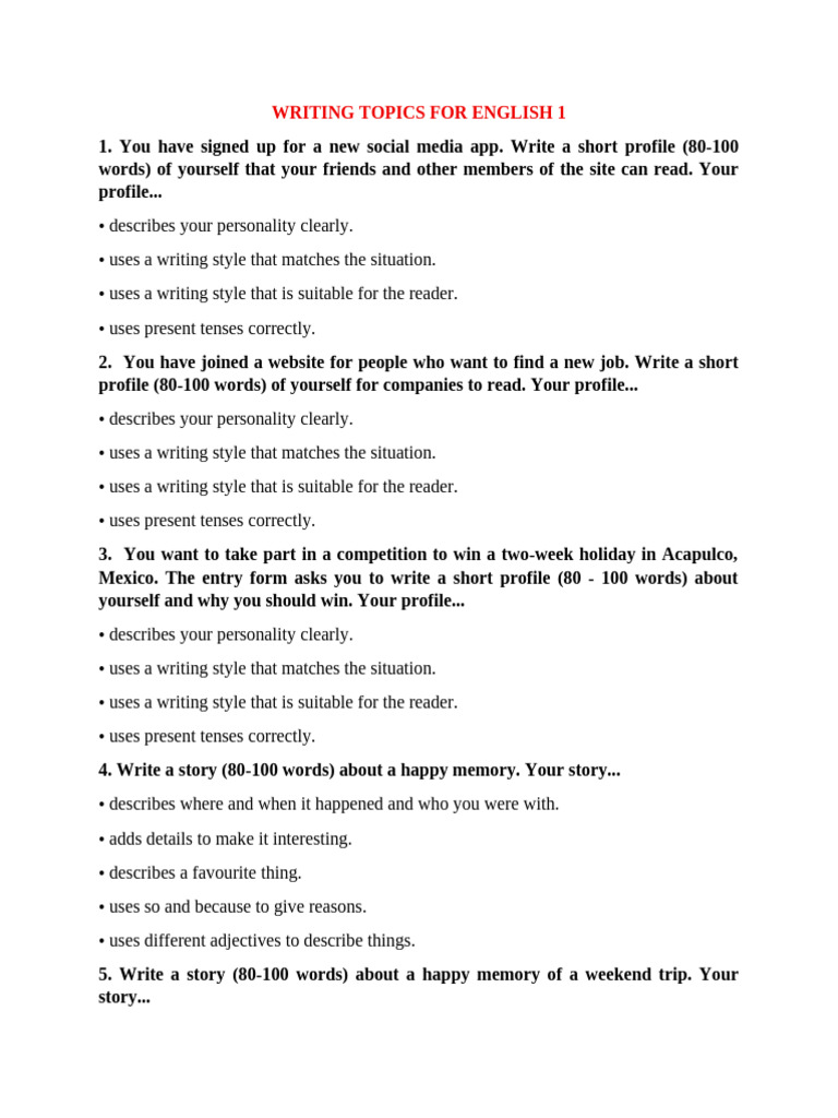 English 1 Writing Topics Guide | PDF | Recipe | Syntax