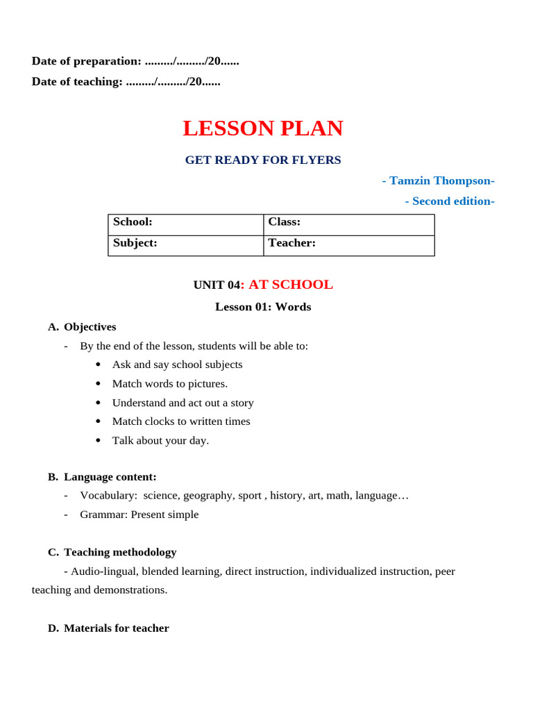 Lesson Plan: School Subjects & Time | PDF | Human Communication | Learning