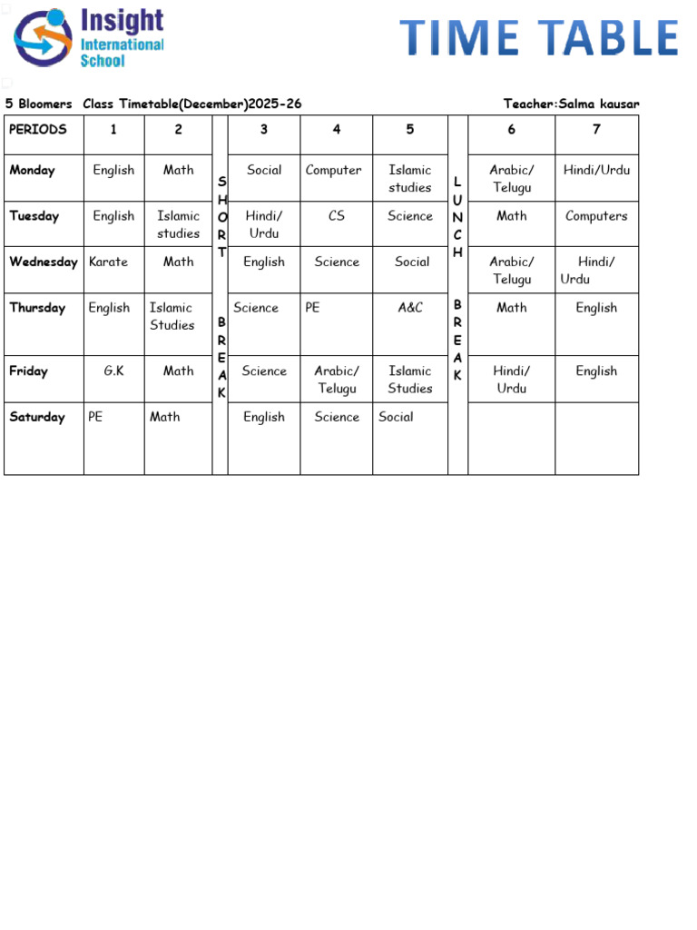 December 2025-26 Class Timetable | PDF