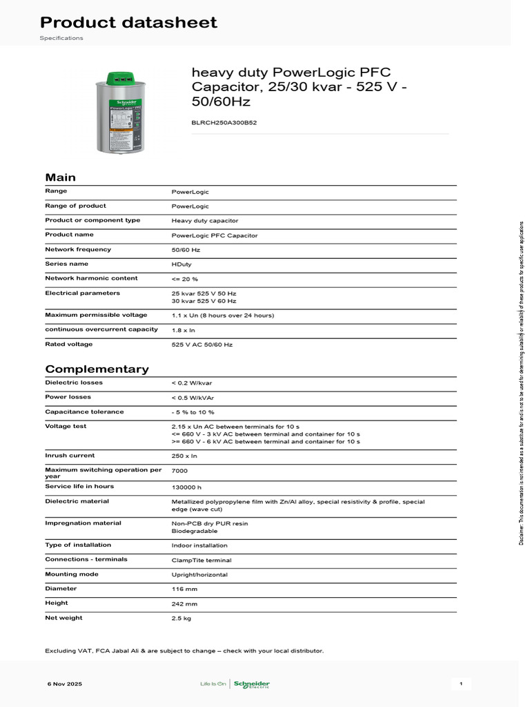 Schneider Electric PowerLogic-PFC-Capacitors BLRCH250A300B52 | PDF ...