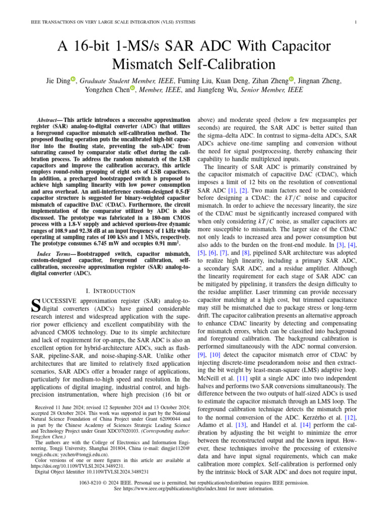 (Read) A 16-Bit 1-MS S SAR ADC With Capacitor Mismatch Self-Calibration ...