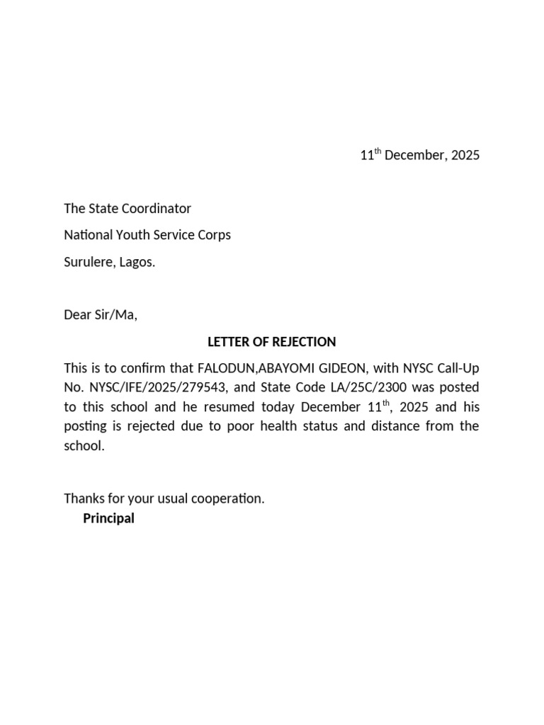 NYSC Posting Rejection Letter | PDF