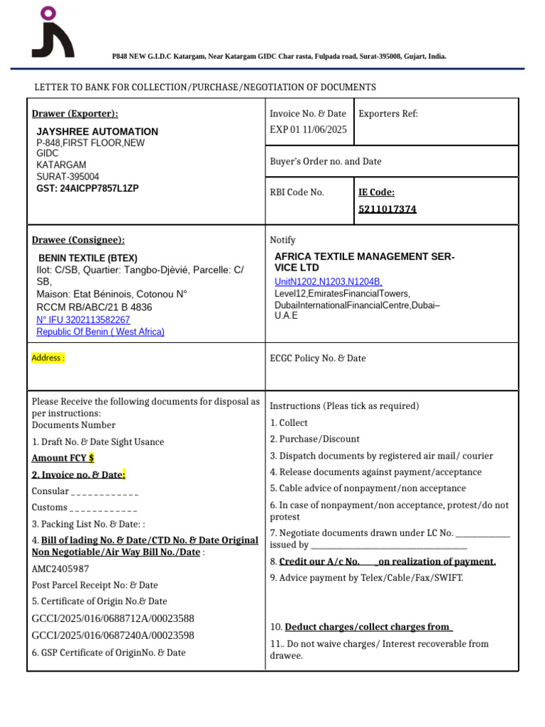 Direct Dispatch Export Lodgment Formats | PDF | Banks | Invoice