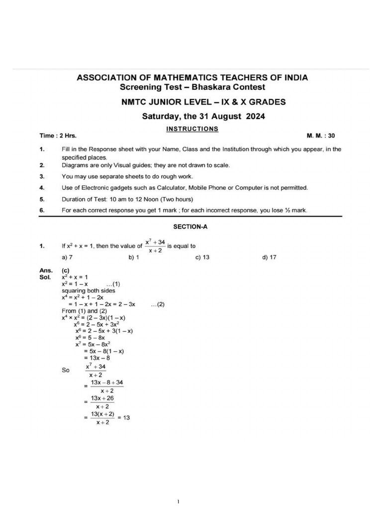 NMTC 2024 Q Paper With Solution | PDF