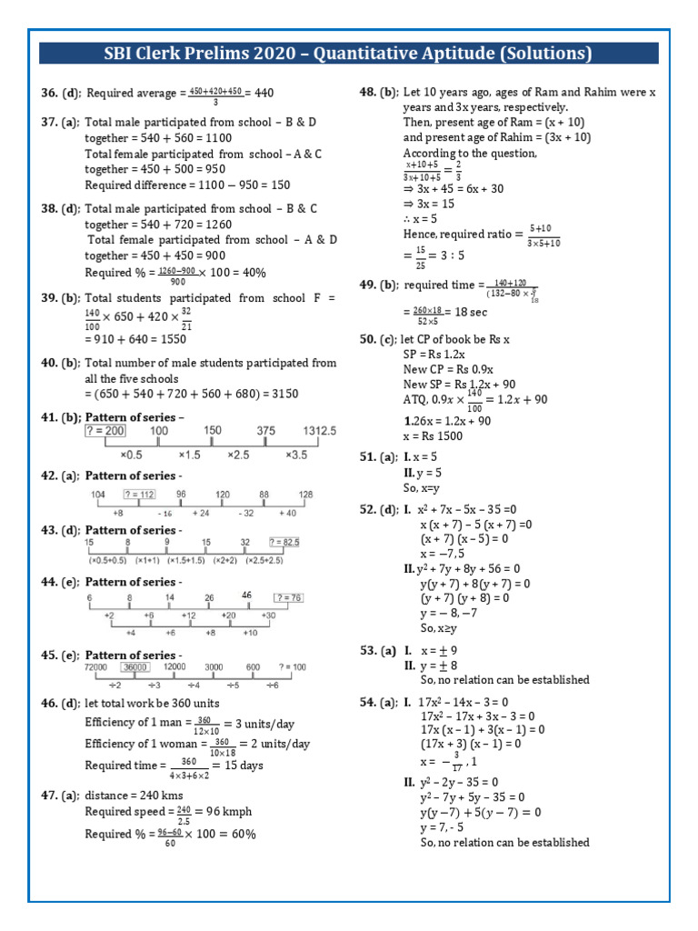 SBI Clerk Prelims 2020 Quantitative Aptitude Solutions | PDF | Length ...