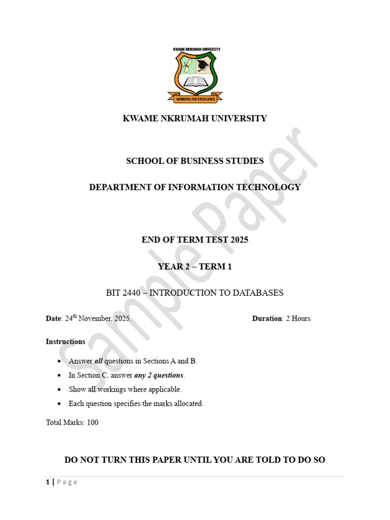 Database Test Paper - BIT 2440 | PDF | Databases | Relational Database