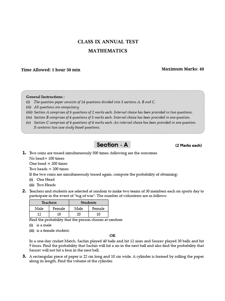 Mathematics Class Ix Annual Test: Section - A | PDF | Circle | Area