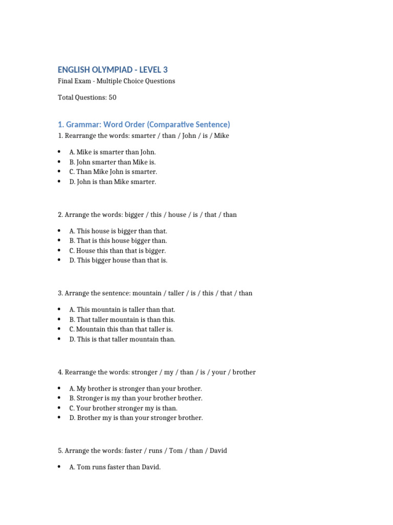 English Olympiad Level 3 Exam Guide | PDF | Syntax | Grammar