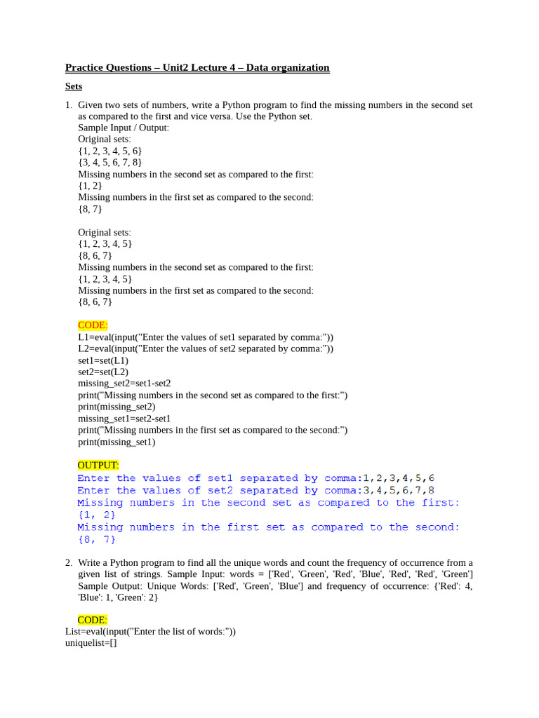 Python Set Operations Practice Questions | PDF | Chemical Elements