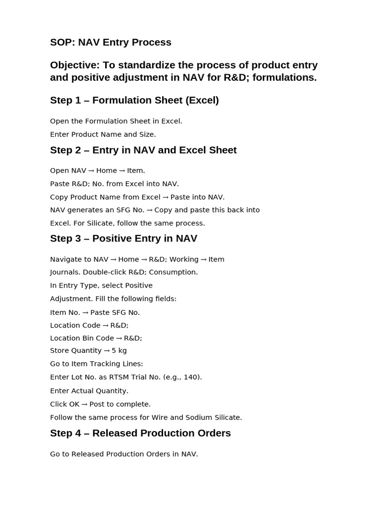 NAV Entry Process for R&D Formulations | PDF