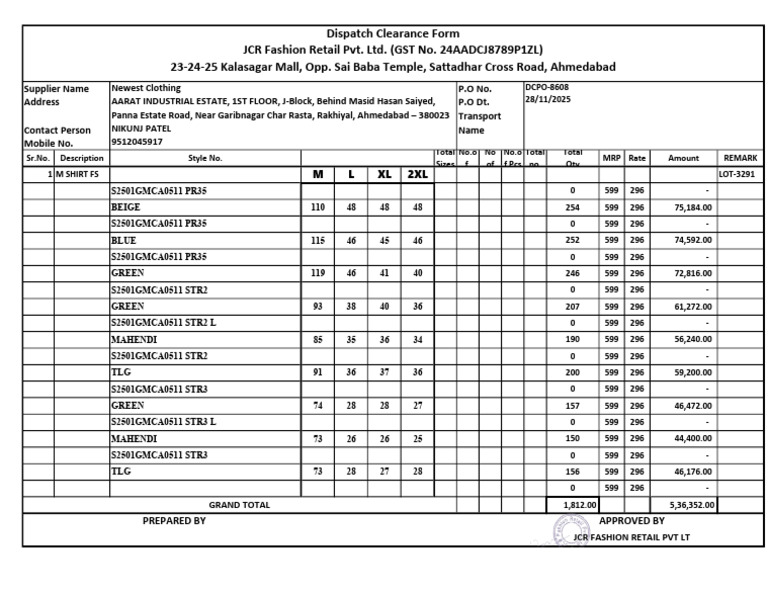 Dispatch Clearance Form for Clothing Orders | PDF