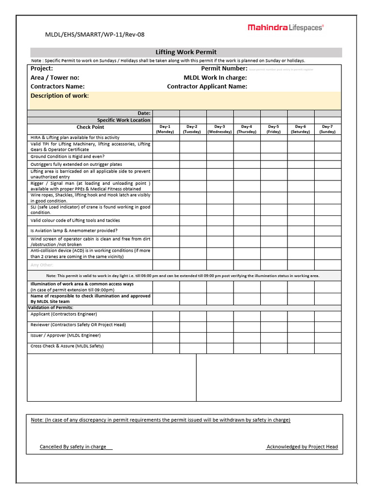Lifting Work Permit Guidelines and Checklist | PDF | Crane (Machine)