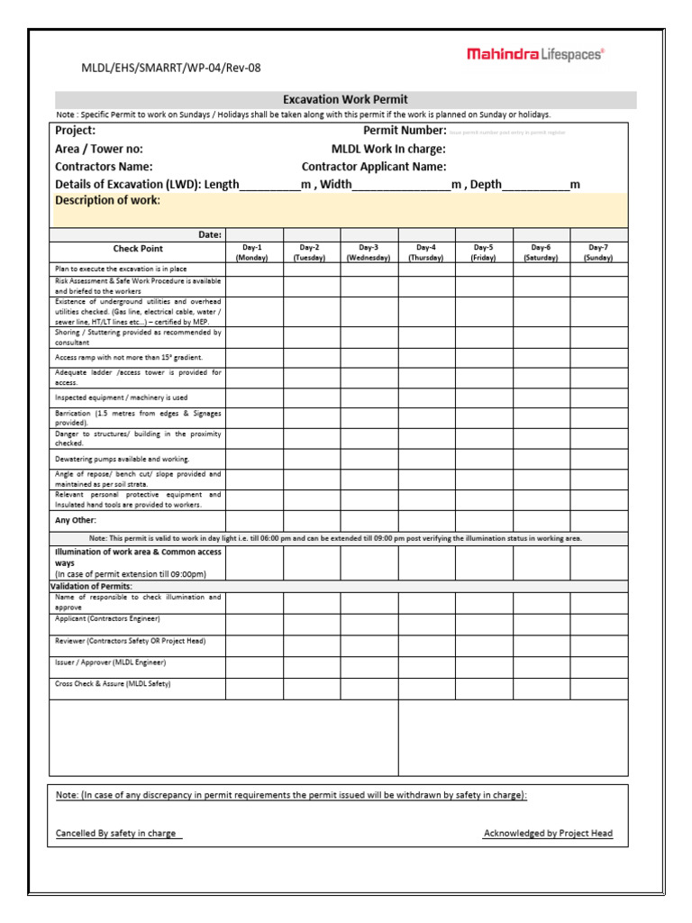 Excavation Work Permit Template | PDF