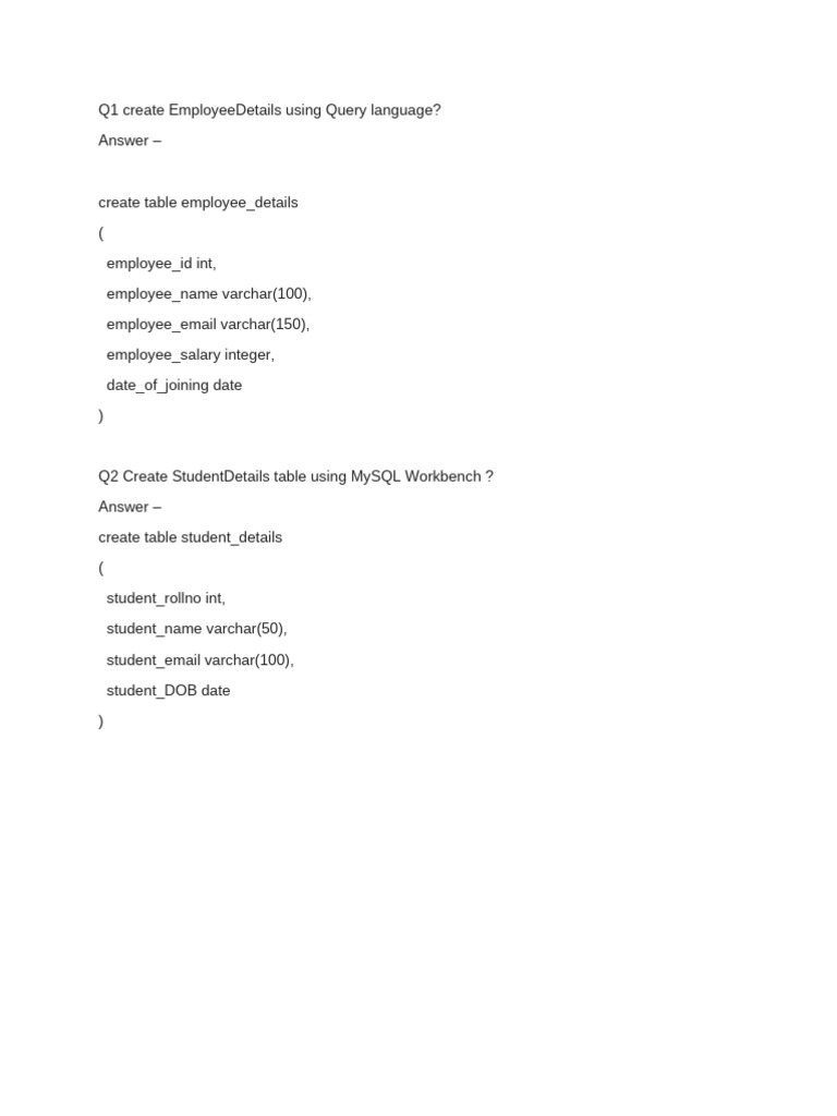 SQL Table Creation for Employees and Students | PDF