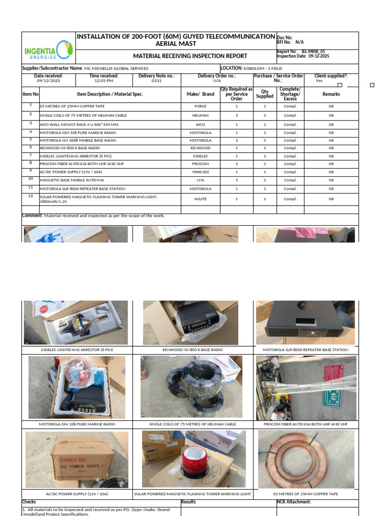 Ingentia_material Receiving Inspection Report(Telecom Mast Installation ...
