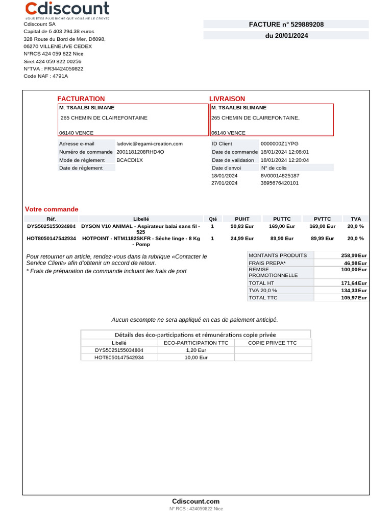 Facture Cdiscount : Détails de commande | PDF | Taxe sur la valeur ...