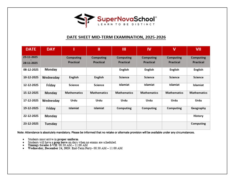 Date Sheet Mid-term 2025 | PDF