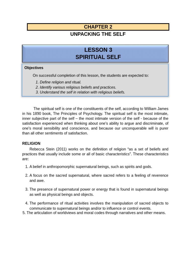 Chapter 2 - Lesson 3 - Spiritual Self - Believe It or Not | PDF ...
