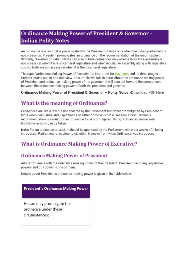 Ordinance Making Power of President | PDF | Act Of Parliament | Parliament